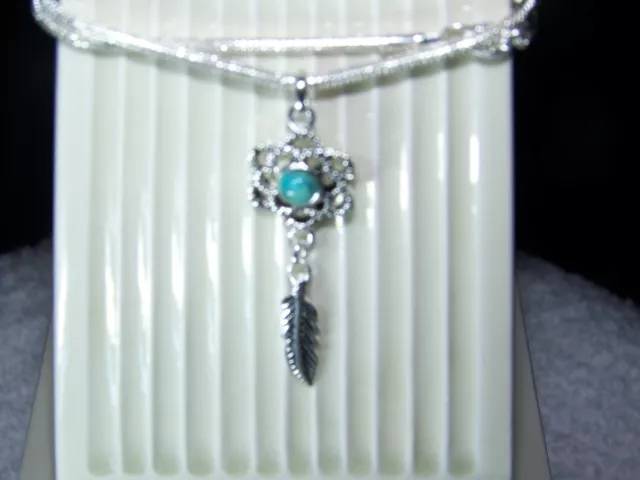 Sterling Silver Desert Flower w/ feather & Turquoise necklace, 16-30 inch.