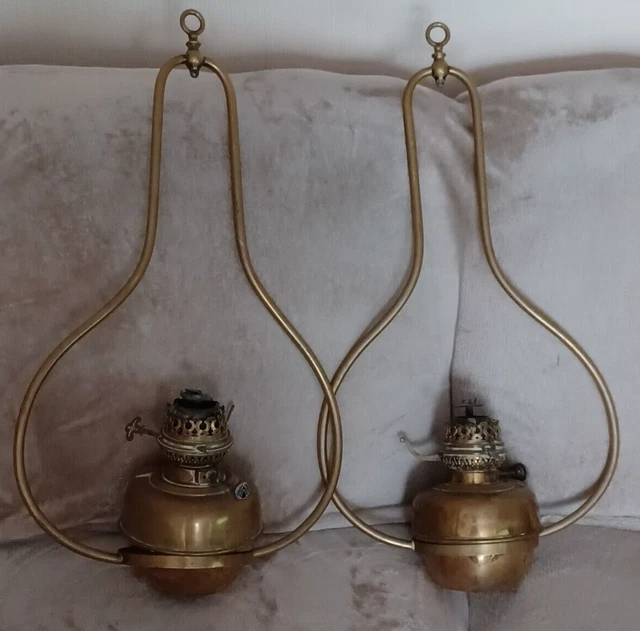 PAIR OF ANTIQUE Brass Veritas 50CP Ceiling hanging Oil Lamps for