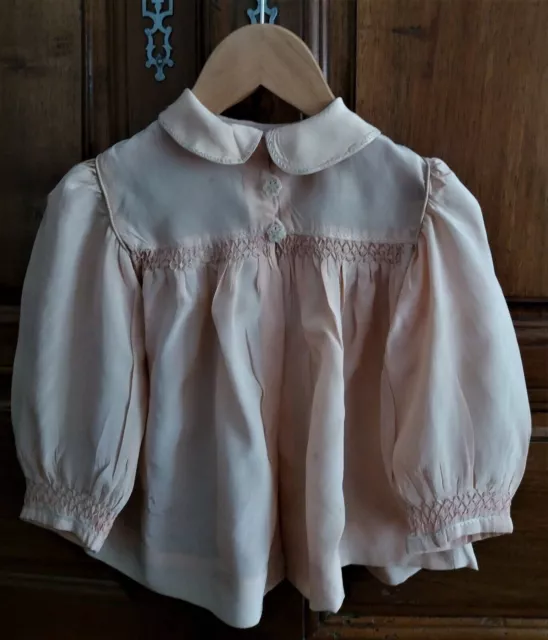 Adorable Blouse Child Silk Pink Smock And Embroidery