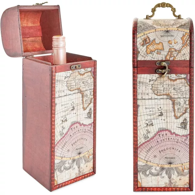 Map Wooden Treasure Chest Wine Box Keepsake Trunk for Home Decorative Storage