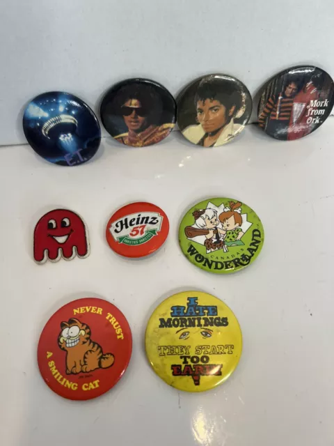 1980s button pin back lot of 9, michael jackson, pac man, ET, Mork, garfield VTG