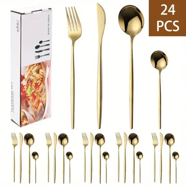 Set 24 pezzi Posate Oro Servizio 6 Persone Elegante Acciaio Inox tavola festa