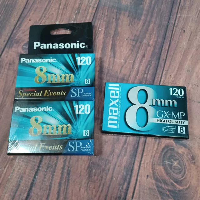 Lote de 3 - Cintas de casete selladas para videocámara de 8 mm - Panasonic SP y Maxell GX-MP 120