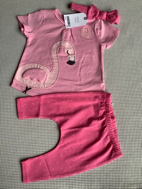 Abito a 3 pezzi NEXT NUOVO CON ETICHETTE per bambine fino a 3 mesi design fenicottero rosa prezzo disponibile £12.