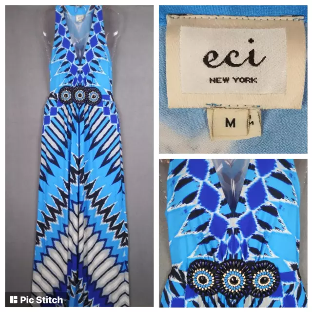 Eci New York Maxi Dress Womens M Sleeveless Boho Tie Die Blue Tie Back Aztec Vtg