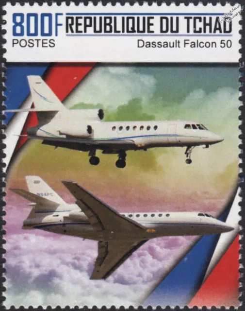 DASSAULT FALCON 50 French Long-Range Business Jet Aircraft Stamp (2020 Chad)