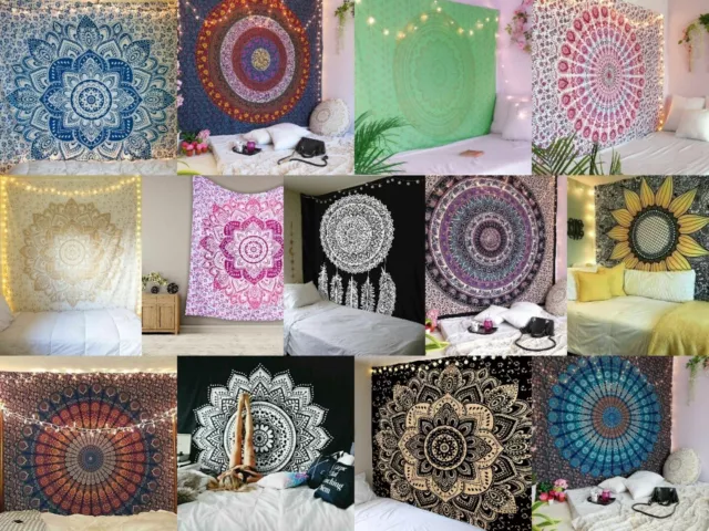 Queen Size Mandala Printed Cotton Fabric Colourful Bedroom Wall Hanging Tapestry