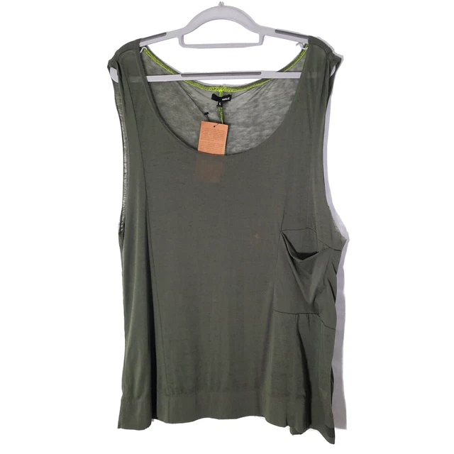 Hurley Top L Lightweight Burnout Raw Hem Drop Sleeveless Pocket Scoop Neck Olive