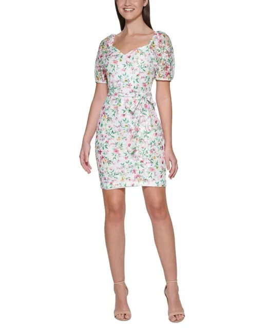 GUESS Women's Printed Lace Puff Sleeve Mini Dress White Size 6