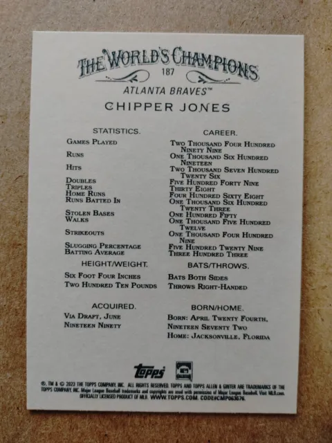 2023 TOPPS ALLEN & Ginter Chipper Jones #187 ensemble de base Atlanta ...