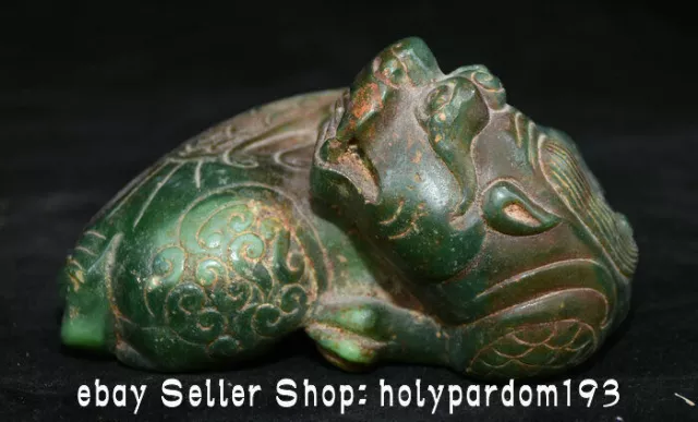 4.4" Rare Old Chinese Green Jade Carving Pi Xiu Unicorn Beast Statue Sculpture