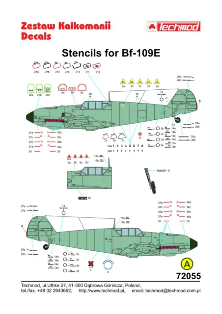 Pochoirs pour MESSERSCHMITT Bf-109 E (2 PCS) #72055 1/72 TECHMOD DECALS