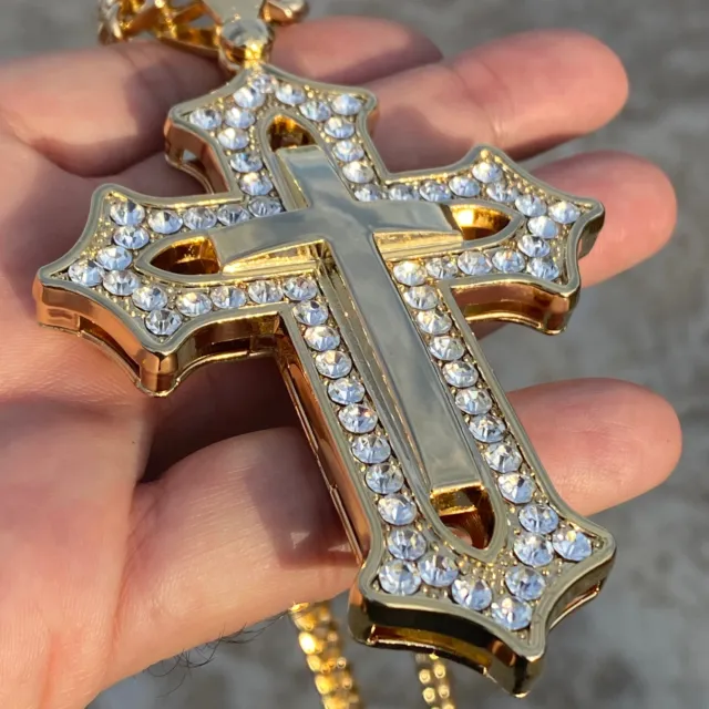 18K Gold Plated Huge Iced CZ Bling Out Open Cross Necklace Cuban Link Chain 30"