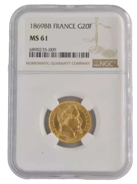 1869BB France Napoleon III 20 Franc NGC Graded MS61 .900 Fine Gold Coin