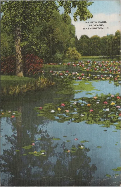 Manito Park Spokane Washington water lilies lily pond linen postcard E480