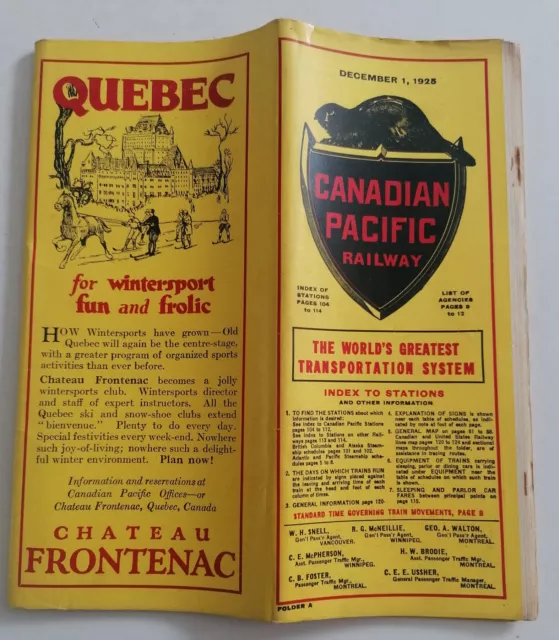Canadian Pacific Railway Timetable and Index of Stations December 1 1925