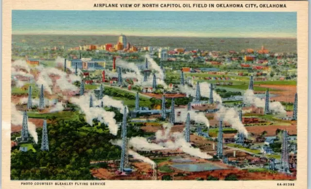 1943 Linen Postcard Oklahoma City North Capitol Oil Field Aerial Airplane View