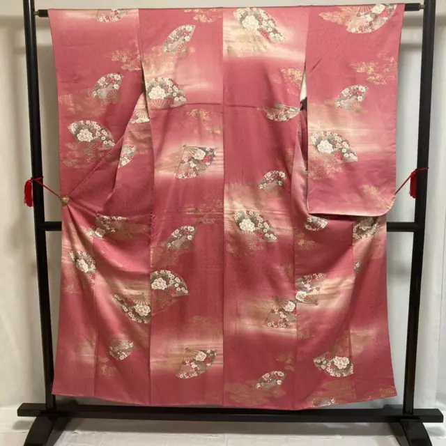 9038# Japanese kimono Vintage Pure Silk Furisode Robe Traditional Fan Flower