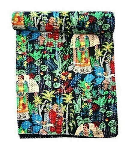 Frida Kahlo Print Kantha Quilt Cotton Blanket Throw Indian Bedspread Twin Size