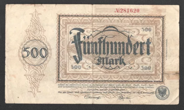 Dortmund und Hörde, Stadt- und Landkreis; 500 Mark vom 20. September 1922