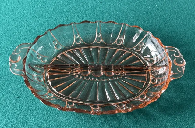 Vintage pink Depression glass divided dish relish bowl Oyster and Pearl