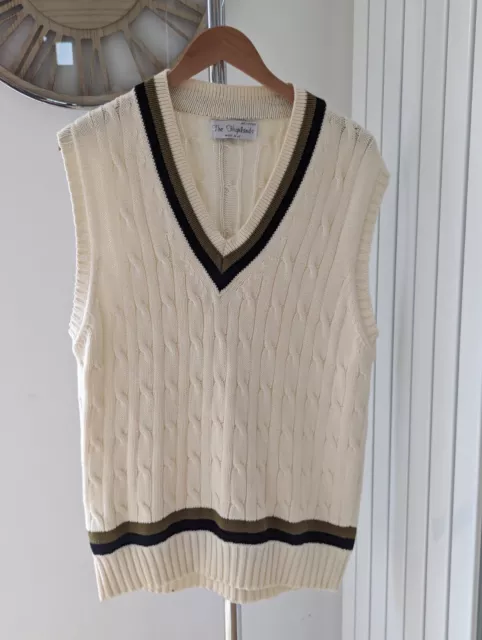 Vintage Cable Knit Tank Top Made In UK - Cricket -white Navy & Kharki Size L