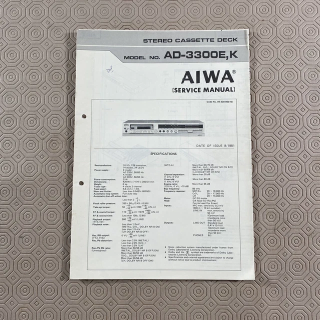 Original Service Manual for the Aiwa AD-3300 E,K Stereo Cassette Deck 8/1981