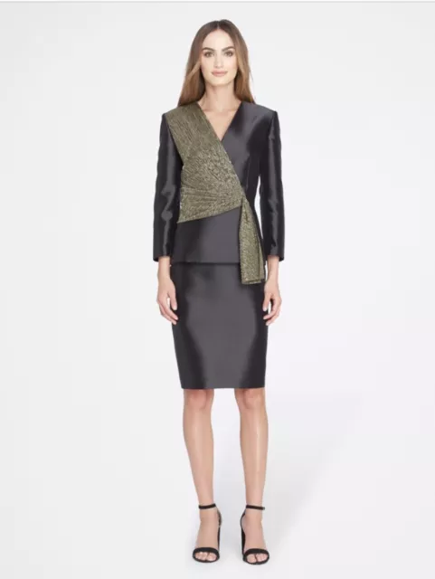 NWT Retail $290 Tahari ASL Sz US 8P Black/Gold Lamé Draped Mikado 2pc Skirt Suit