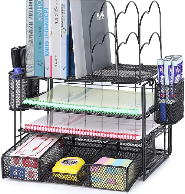 Office Desk Organizer, 4 Tier Desktop File Organizer with Drawer, 2 Pen Holders