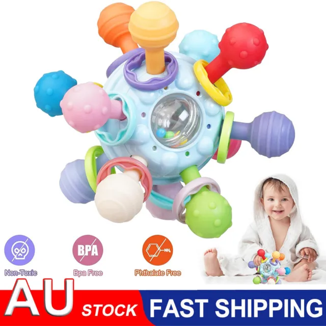 BPA FREE Teether Baby Sensory Toys 0-12 Months Rotating Rattle Ball Grasping Toy