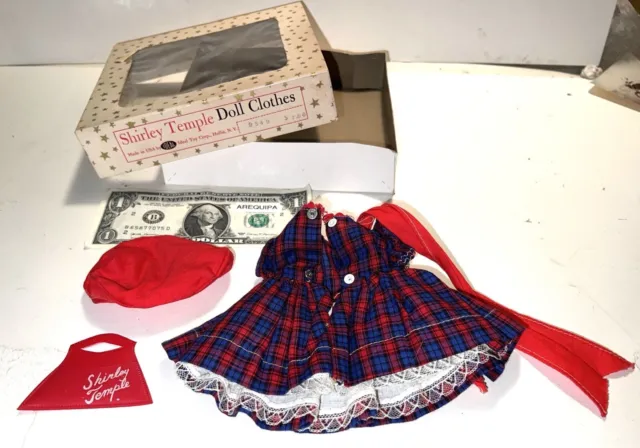 Shirley Temple Doll Clothes Dress, hat, purse box IDEAL red bow blue plaid old