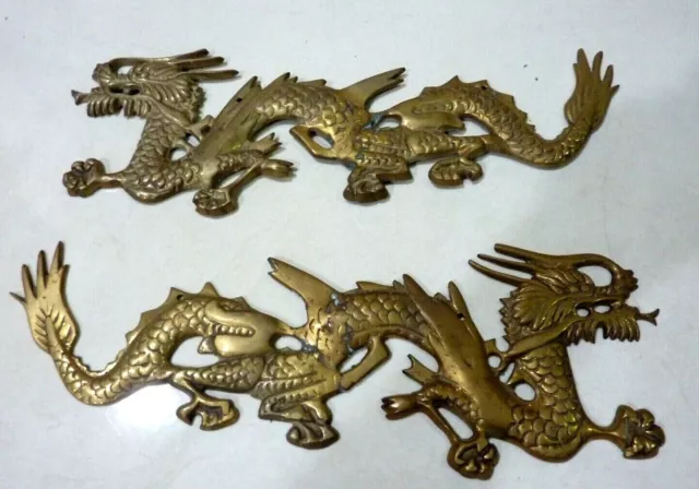 Vintage Heavy Solid  Brass Dragons Wall Sculptures A Pair