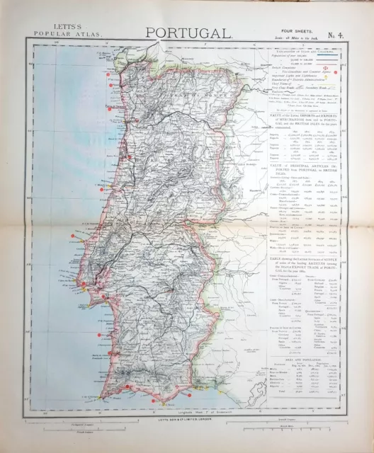 1882 Letts Map Portugal Algarve Traz Os Montes Beira Barra Nova Tavira