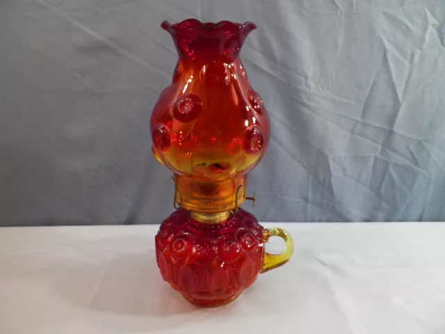 L.E. Smith Amberina Red Yellow Glass Moon & Stars Oil Lamp w/ Finger Loop