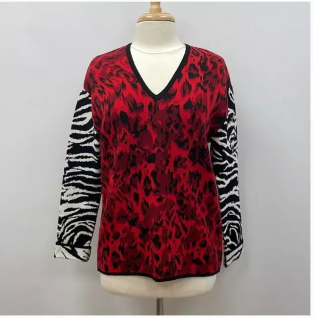 Fausto Puglisi 100% Wool Animal Print V-Neck Sweater Boho Red Black