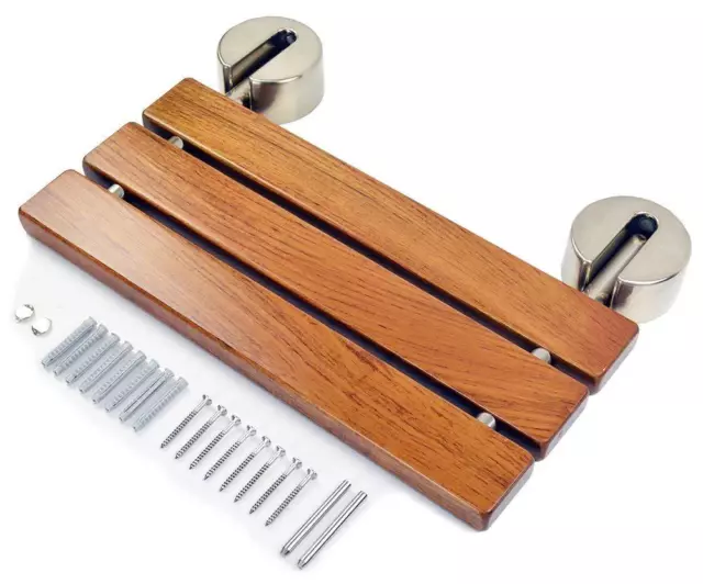 DIYHD 20" Modern Teak Wood Folding Shower Seat Bench Brushed Wall Mounted Seat