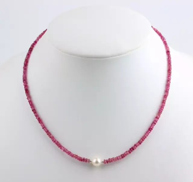 Rosa Turmalin Kette mit Akoya Perle Rubellit facettierte Rondell Collier 45 cm