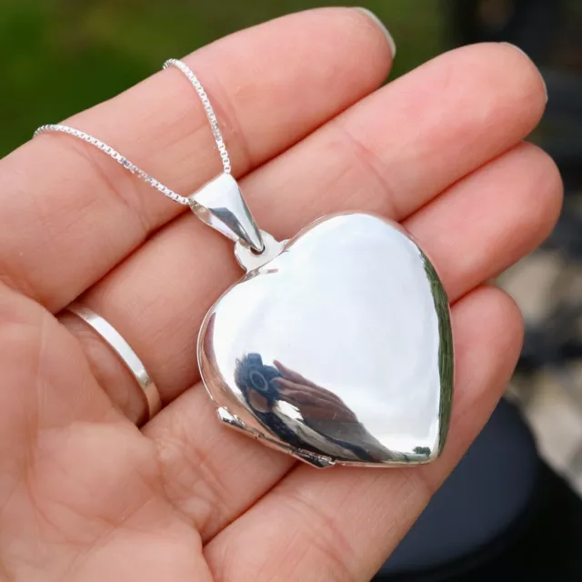 925 Sterling Silver Extra Large Plain Heart Photo Locket Pendant Necklace