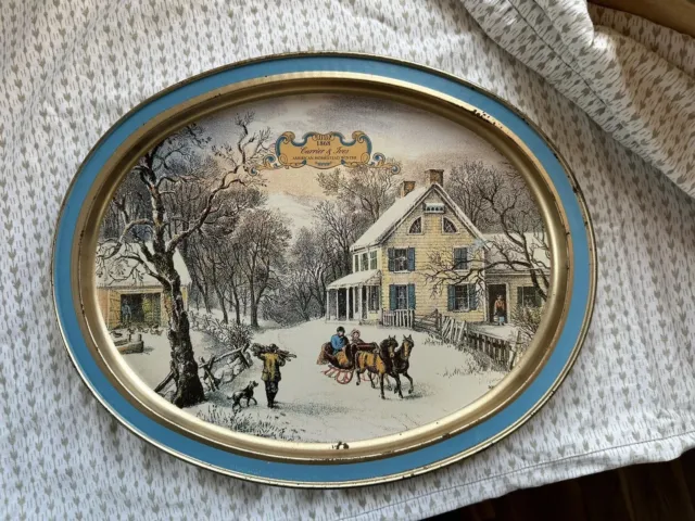 Vintage Currier and Ives Oval Metal Tray Tin American Homestead Winter 1868