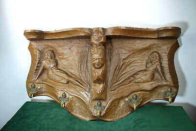 Rare antique art nouveau wall coat rack wood carved lady putti head