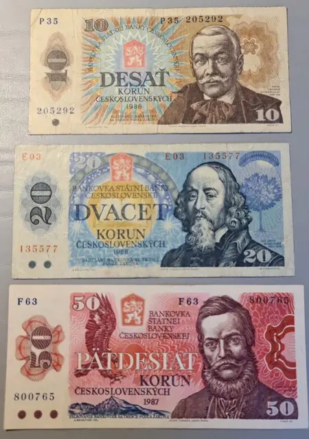 3x Czechoslovakia banknotes lot 10 20 50 used
