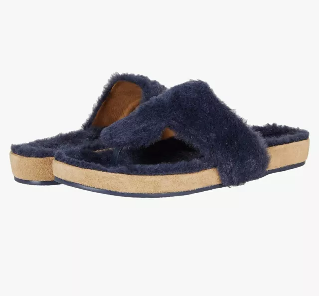 Jack Rogers Comfort Cozy Slip On Thong Sandal Navy Faux Fur Leather Womens 10