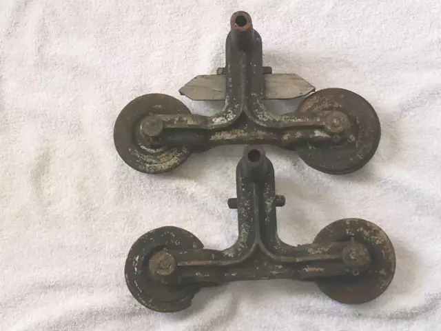 Pair Antique Cast Iron Barn Door Rollers, Vintage Cabin Kitchen Decor Accessory