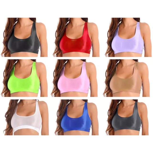 Damen Sport BH Öl Glänzend Bustier Top Bra Weste Fitness Unterwäsche Gr. M L XL