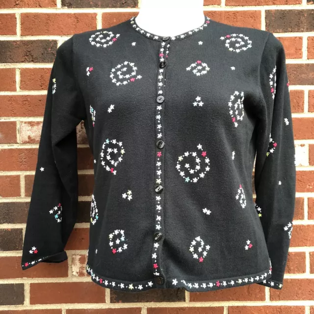 talbots petites womans large black cardigan sweater floral embroidered 718