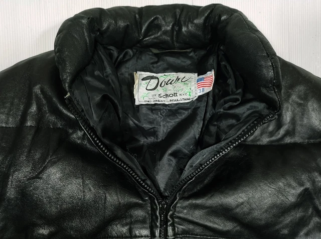 *HOT VTG SCHOTT @ GOOSE DOWN LAMB LEATHER QUILT PUFFER BLACK COAT JACKET 38 or S