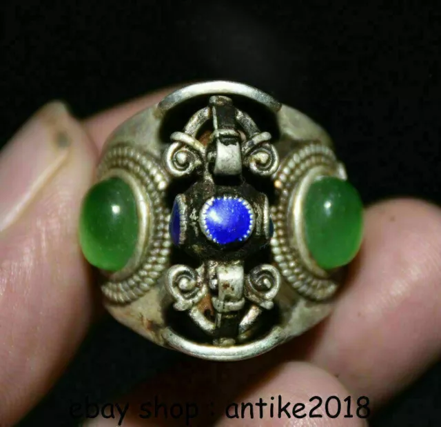 1.4" Old Chinese Enamel Silver inlay Color Jade Gem Dynasty Faqi Finger Ring