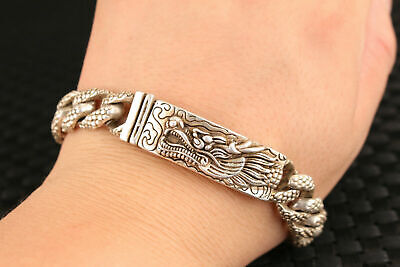 Chinese old tibetan silver hand cast dragon Statue bracelet man boy jewel gift