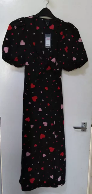 Abito donna Next nuovo con etichette nero con cuori rossi e rosa nodo anteriore UK6