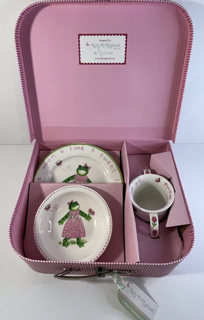 Kelly Rightsell Boxed 3 Piece Baby Girl Hattie Frog Ceramic Dish Set Pink Green